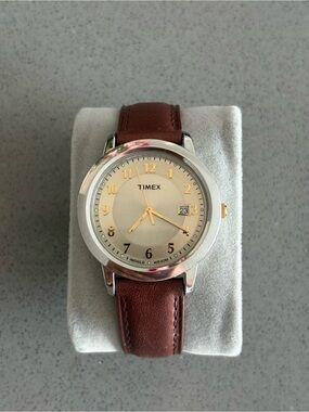 Timex Silver Case Cream Dial Brown Leather Strap Watch